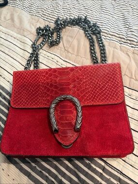 Red Suede & Embossed Leather Chain Shoulder Bag